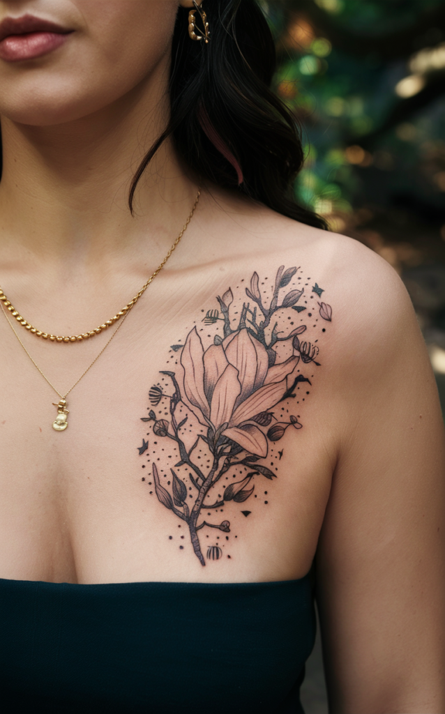 magnolia flower tattoo black and white