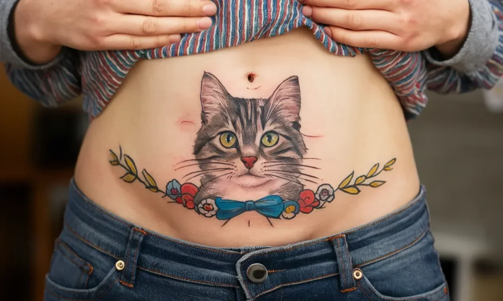 belly button cat tattoo