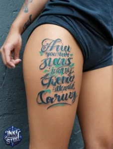 Thigh quote tattoos for females - Thigh quote tattoo men - Thigh quote Tattoos for Females with meaning - Thigh quote tattoo ideas - Thigh quote tattoo meaning - Front thigh quote tattoo