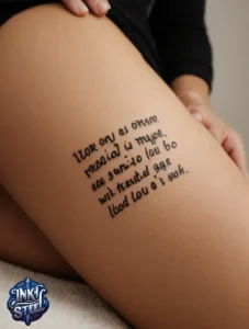 Thigh quote tattoos for females - Thigh quote tattoo men - Thigh quote Tattoos for Females with meaning - Thigh quote tattoo ideas - Thigh quote tattoo meaning - Front thigh quote tattoo