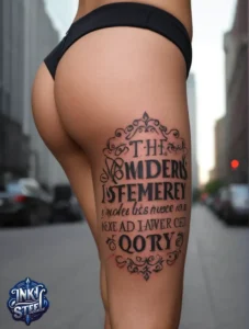 Thigh quote tattoos for females - Thigh quote tattoo men - Thigh quote Tattoos for Females with meaning - Thigh quote tattoo ideas - Thigh quote tattoo meaning - Front thigh quote tattoo