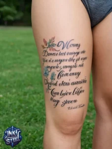 Thigh quote tattoos for females - Thigh quote tattoo men - Thigh quote Tattoos for Females with meaning - Thigh quote tattoo ideas - Thigh quote tattoo meaning - Front thigh quote tattoo