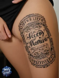 Thigh quote tattoos for females - Thigh quote tattoo men - Thigh quote Tattoos for Females with meaning - Thigh quote tattoo ideas - Thigh quote tattoo meaning - Front thigh quote tattoo