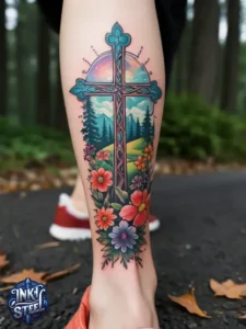 Cross with flowers tattoo meaning - Cross with flowers Tattoo Men - Small cross tattoo with flowers - Cross tattoo with flowers female - Cross with Flowers Tattoo forearm - Faith cross tattoo with Flowers