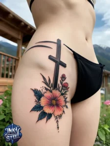 Cross with flowers tattoo meaning - Cross with flowers Tattoo Men - Small cross tattoo with flowers - Cross tattoo with flowers female - Cross with Flowers Tattoo forearm - Faith cross tattoo with Flowers