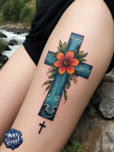 Cross with flowers tattoo meaning - Cross with flowers Tattoo Men - Small cross tattoo with flowers - Cross tattoo with flowers female - Cross with Flowers Tattoo forearm - Faith cross tattoo with Flowers