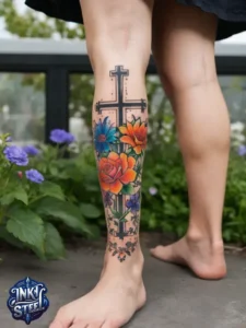 Cross with flowers tattoo meaning - Cross with flowers Tattoo Men - Small cross tattoo with flowers - Cross tattoo with flowers female - Cross with Flowers Tattoo forearm - Faith cross tattoo with Flowers