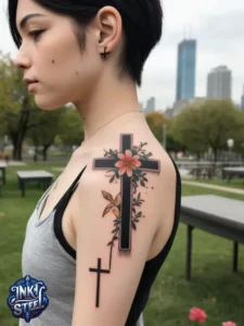 Cross with flowers tattoo meaning - Cross with flowers Tattoo Men - Small cross tattoo with flowers - Cross tattoo with flowers female - Cross with Flowers Tattoo forearm - Faith cross tattoo with Flowers