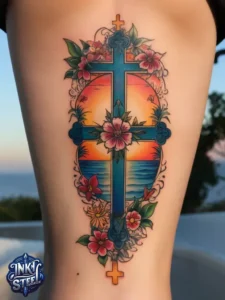 Cross with flowers tattoo meaning - Cross with flowers Tattoo Men - Small cross tattoo with flowers - Cross tattoo with flowers female - Cross with Flowers Tattoo forearm - Faith cross tattoo with Flowers