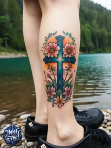 Cross with flowers tattoo meaning - Cross with flowers Tattoo Men - Small cross tattoo with flowers - Cross tattoo with flowers female - Cross with Flowers Tattoo forearm - Faith cross tattoo with Flowers