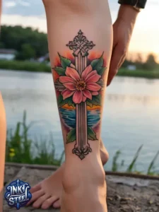 Cross with flowers tattoo meaning - Cross with flowers Tattoo Men - Small cross tattoo with flowers - Cross tattoo with flowers female - Cross with Flowers Tattoo forearm - Faith cross tattoo with Flowers