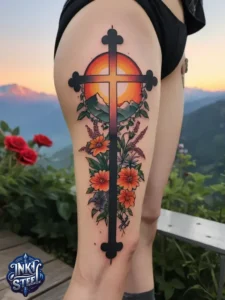 Cross with flowers tattoo meaning - Cross with flowers Tattoo Men - Small cross tattoo with flowers - Cross tattoo with flowers female - Cross with Flowers Tattoo forearm - Faith cross tattoo with Flowers