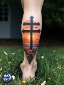 Cross with flowers tattoo meaning - Cross with flowers Tattoo Men - Small cross tattoo with flowers - Cross tattoo with flowers female - Cross with Flowers Tattoo forearm - Faith cross tattoo with Flowers