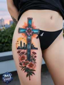 Cross with flowers tattoo meaning - Cross with flowers Tattoo Men - Small cross tattoo with flowers - Cross tattoo with flowers female - Cross with Flowers Tattoo forearm - Faith cross tattoo with Flowers