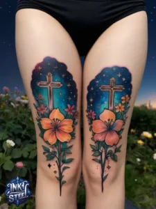 Cross with flowers tattoo meaning - Cross with flowers Tattoo Men - Small cross tattoo with flowers - Cross tattoo with flowers female - Cross with Flowers Tattoo forearm - Faith cross tattoo with Flowers