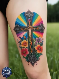 Cross with flowers tattoo meaning - Cross with flowers Tattoo Men - Small cross tattoo with flowers - Cross tattoo with flowers female - Cross with Flowers Tattoo forearm - Faith cross tattoo with Flowers