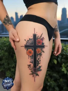 Cross with flowers tattoo meaning - Cross with flowers Tattoo Men - Small cross tattoo with flowers - Cross tattoo with flowers female - Cross with Flowers Tattoo forearm - Faith cross tattoo with Flowers