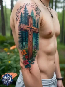 Cross with flowers tattoo meaning - Cross with flowers Tattoo Men - Small cross tattoo with flowers - Cross tattoo with flowers female - Cross with Flowers Tattoo forearm - Faith cross tattoo with Flowers