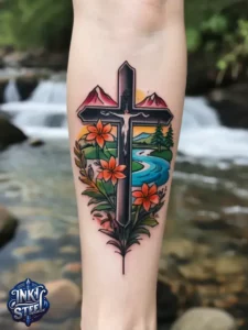 Cross with flowers tattoo meaning - Cross with flowers Tattoo Men - Small cross tattoo with flowers - Cross tattoo with flowers female - Cross with Flowers Tattoo forearm - Faith cross tattoo with Flowers