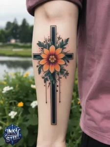 Cross with flowers tattoo meaning - Cross with flowers Tattoo Men - Small cross tattoo with flowers - Cross tattoo with flowers female - Cross with Flowers Tattoo forearm - Faith cross tattoo with Flowers