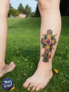 Cross with flowers tattoo meaning - Cross with flowers Tattoo Men - Small cross tattoo with flowers - Cross tattoo with flowers female - Cross with Flowers Tattoo forearm - Faith cross tattoo with Flowers