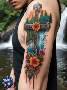 Cross with flowers tattoo meaning - Cross with flowers Tattoo Men - Small cross tattoo with flowers - Cross tattoo with flowers female - Cross with Flowers Tattoo forearm - Faith cross tattoo with Flowers