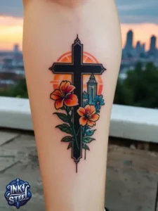 Cross with flowers tattoo meaning - Cross with flowers Tattoo Men - Small cross tattoo with flowers - Cross tattoo with flowers female - Cross with Flowers Tattoo forearm - Faith cross tattoo with Flowers