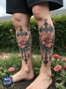 Cross with flowers tattoo meaning - Cross with flowers Tattoo Men - Small cross tattoo with flowers - Cross tattoo with flowers female - Cross with Flowers Tattoo forearm - Faith cross tattoo with Flowers