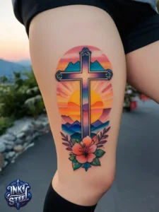 Cross with flowers tattoo meaning - Cross with flowers Tattoo Men - Small cross tattoo with flowers - Cross tattoo with flowers female - Cross with Flowers Tattoo forearm - Faith cross tattoo with Flowers