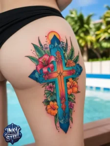 Cross with flowers tattoo meaning - Cross with flowers Tattoo Men - Small cross tattoo with flowers - Cross tattoo with flowers female - Cross with Flowers Tattoo forearm - Faith cross tattoo with Flowers