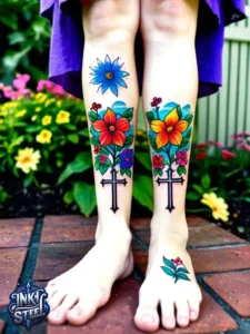 Cross with flowers tattoo meaning - Cross with flowers Tattoo Men - Small cross tattoo with flowers - Cross tattoo with flowers female - Cross with Flowers Tattoo forearm - Faith cross tattoo with Flowers