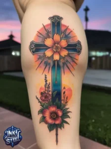 Cross with flowers tattoo meaning - Cross with flowers Tattoo Men - Small cross tattoo with flowers - Cross tattoo with flowers female - Cross with Flowers Tattoo forearm - Faith cross tattoo with Flowers