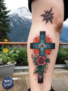 Cross with flowers tattoo meaning - Cross with flowers Tattoo Men - Small cross tattoo with flowers - Cross tattoo with flowers female - Cross with Flowers Tattoo forearm - Faith cross tattoo with Flowers