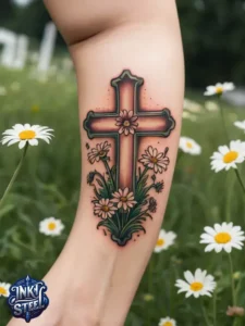 Cross with flowers tattoo meaning - Cross with flowers Tattoo Men - Small cross tattoo with flowers - Cross tattoo with flowers female - Cross with Flowers Tattoo forearm - Faith cross tattoo with Flowers