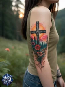 Cross with flowers tattoo meaning - Cross with flowers Tattoo Men - Small cross tattoo with flowers - Cross tattoo with flowers female - Cross with Flowers Tattoo forearm - Faith cross tattoo with Flowers