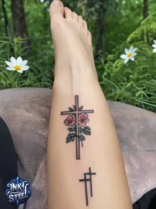 Cross with flowers tattoo meaning - Cross with flowers Tattoo Men - Small cross tattoo with flowers - Cross tattoo with flowers female - Cross with Flowers Tattoo forearm - Faith cross tattoo with Flowers