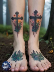 Cross with flowers tattoo meaning - Cross with flowers Tattoo Men - Small cross tattoo with flowers - Cross tattoo with flowers female - Cross with Flowers Tattoo forearm - Faith cross tattoo with Flowers