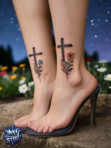 Cross with flowers tattoo meaning - Cross with flowers Tattoo Men - Small cross tattoo with flowers - Cross tattoo with flowers female - Cross with Flowers Tattoo forearm - Faith cross tattoo with Flowers