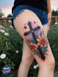 Cross with flowers tattoo meaning - Cross with flowers Tattoo Men - Small cross tattoo with flowers - Cross tattoo with flowers female - Cross with Flowers Tattoo forearm - Faith cross tattoo with Flowers