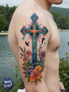 Cross with flowers tattoo meaning - Cross with flowers Tattoo Men - Small cross tattoo with flowers - Cross tattoo with flowers female - Cross with Flowers Tattoo forearm - Faith cross tattoo with Flowers