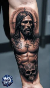 Jesus forearm tattoo simple - Jesus forearm tattoo ideas - Forearm Half Sleeve Jesus tattoo - Jesus Forearm Tattoos for Men - Jesus Tattoo on Arm to Hand - Jesus tattoo Arm Sleeve